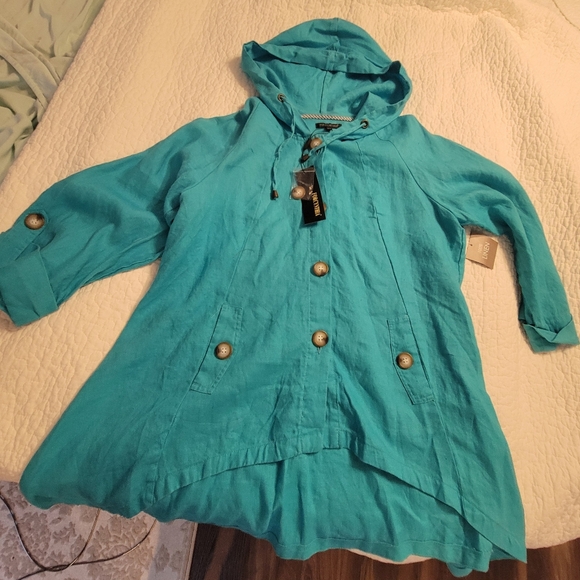 Super Cute Linen Teal Button-Up Hooded Jacket Size XL - Picture 9 of 15
